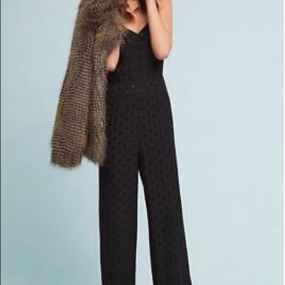Anthropologie Black Polka Dot Tone-on-Tone Silky Spaghetti Strap Jumpsuit size 6 - Picture 4 of 15